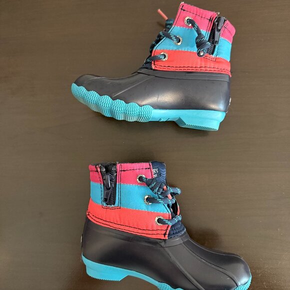 Sperry Toddler Duck Boots Size 7 Navy Teal Pink Lace-Up Rain Boots - Picture 5 of 8